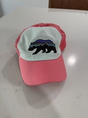 Patagonia Pink and Light Mint Trucker Hat with Bear Patch